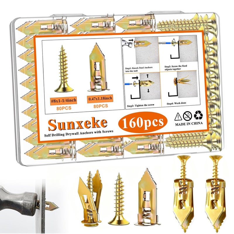 Sunxeke 160Pcs Self Drilling Drywall Anchors for Christmas Decor,80 Sheetrock Anchors & 80 Zinc Expansion Screws,No Drill Needed Wall Anchors with Screws,Hold Up to 66lbs for Picture Frame,Shelves - Image 1